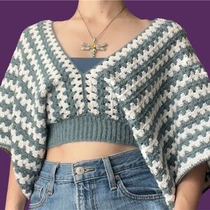 Handmade crochet blue and white flowy crop top size S/M